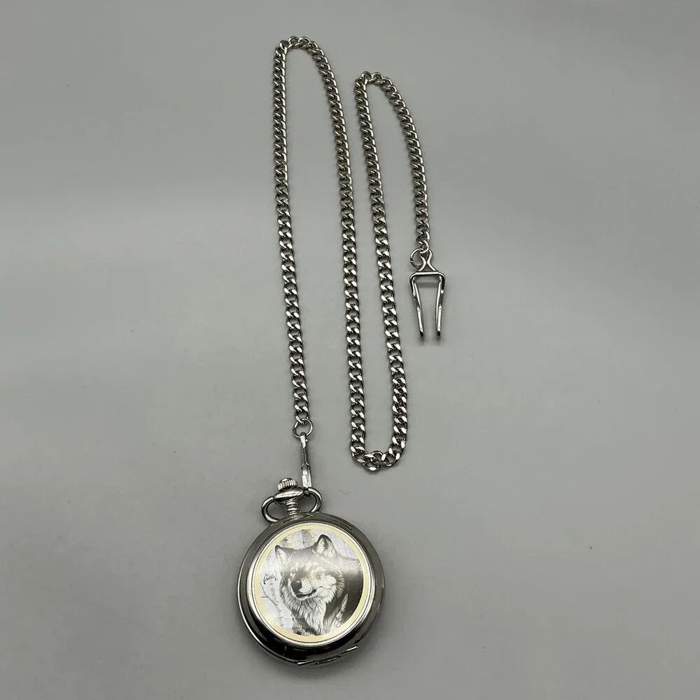 Al Agnew Pocket Watch Men 46mm Silver Tone Wolf Full Hunter Chain New Battery